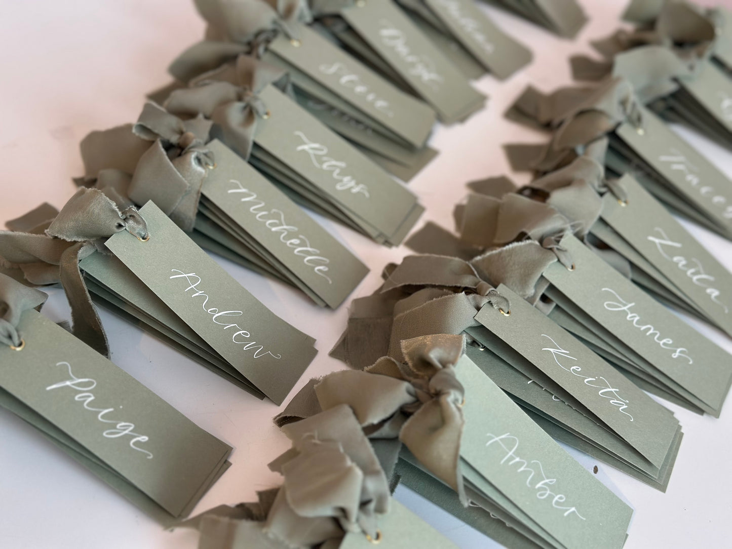 Eucalyptus Chiffon Wedding Place Cards with Ribbon | Green Calligraphy Place Cards