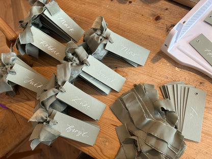 Eucalyptus Chiffon Wedding Place Cards with Ribbon | Green Calligraphy Place Cards