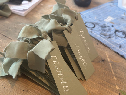 Eucalyptus Chiffon Wedding Place Cards with Ribbon | Green Calligraphy Place Cards