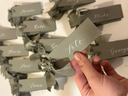 Eucalyptus Chiffon Wedding Place Cards with Ribbon | Green Calligraphy Place Cards