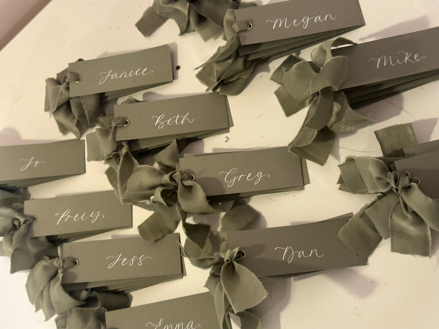 Eucalyptus Chiffon Wedding Place Cards with Ribbon | Green Calligraphy Place Cards