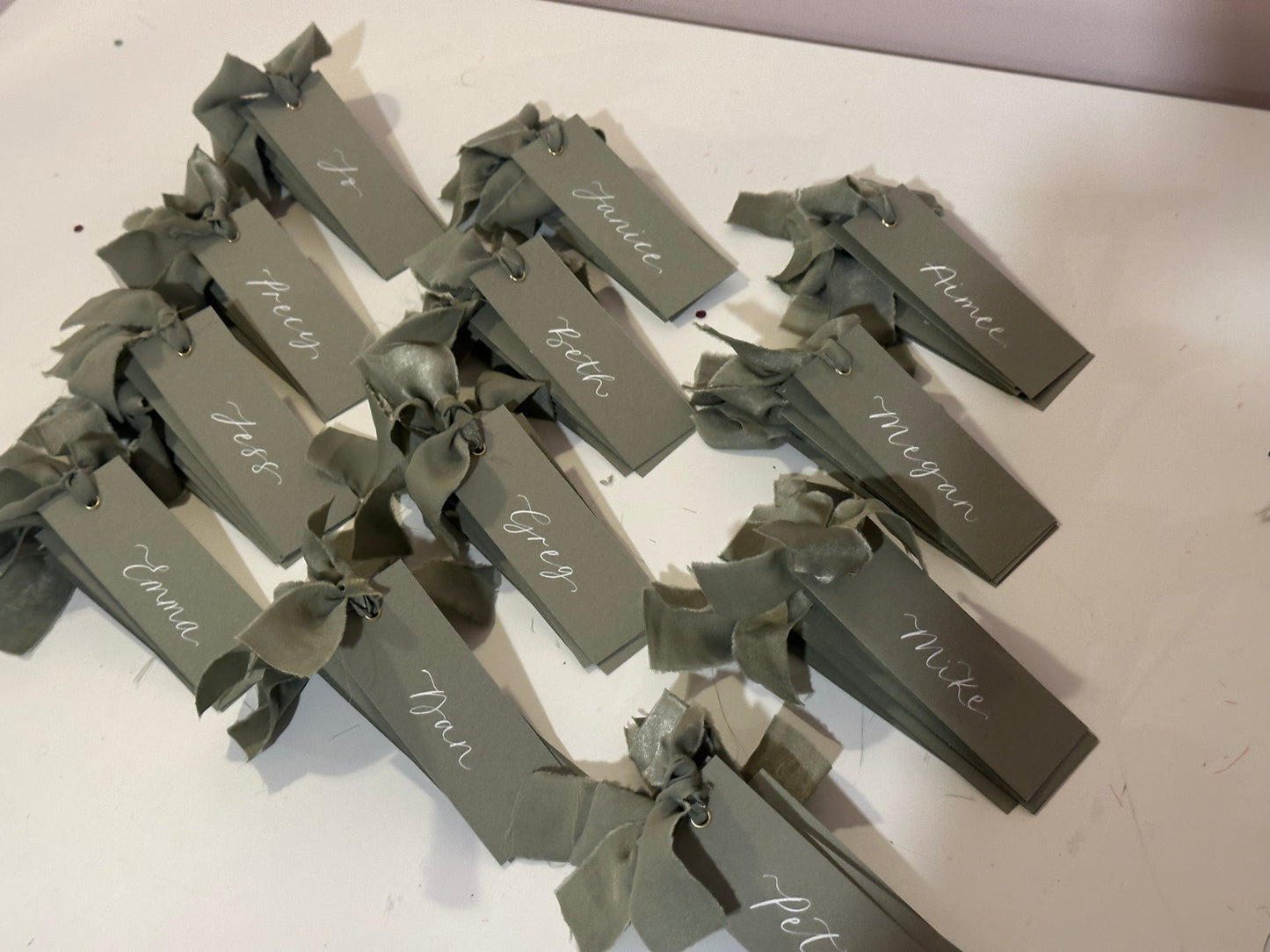 Eucalyptus Chiffon Wedding Place Cards with Ribbon | Green Calligraphy Place Cards