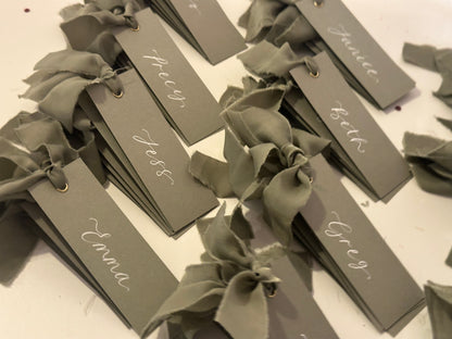 Eucalyptus Chiffon Wedding Place Cards with Ribbon | Green Calligraphy Place Cards
