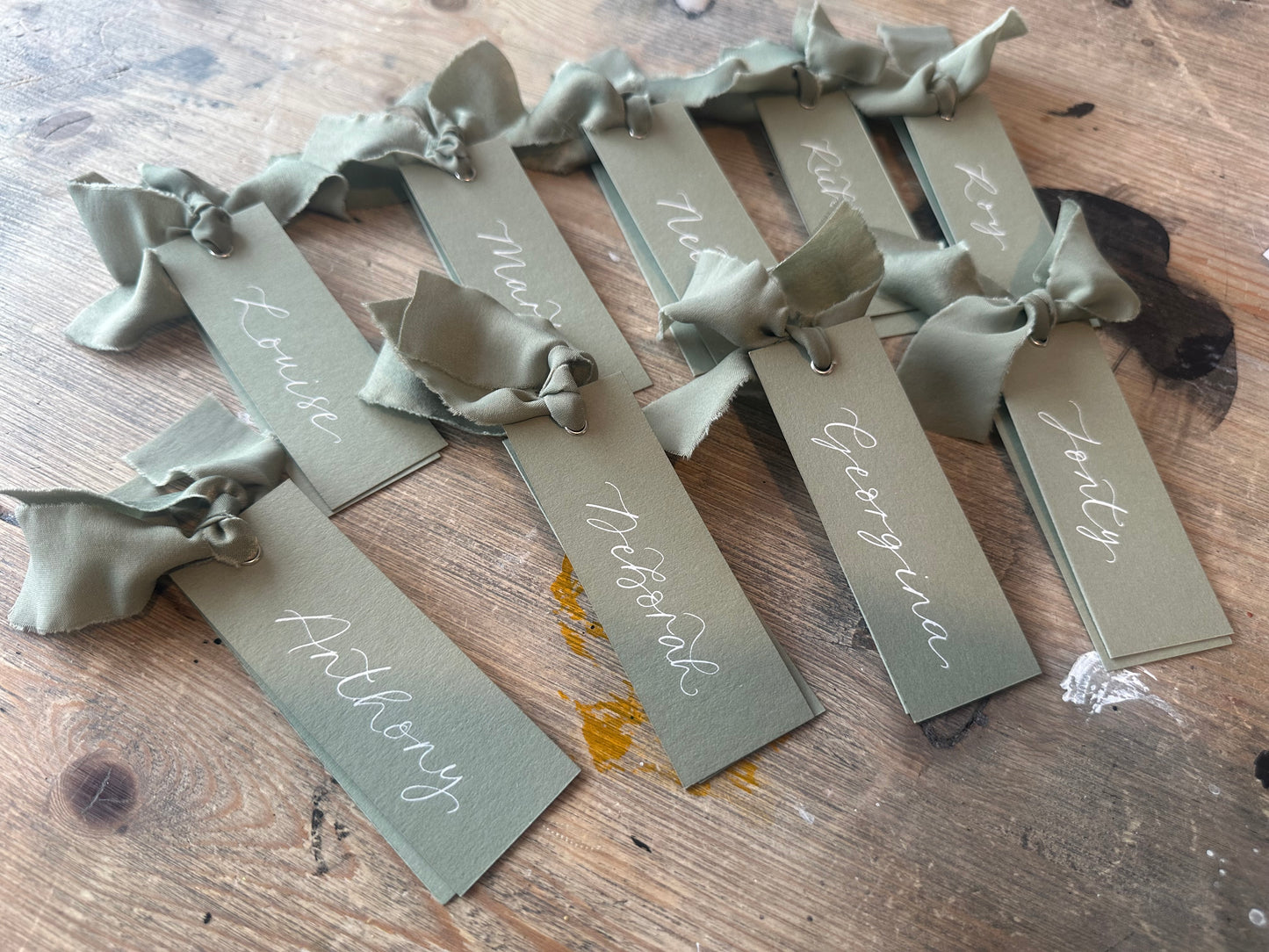 Eucalyptus Chiffon Wedding Place Cards with Ribbon | Green Calligraphy Place Cards