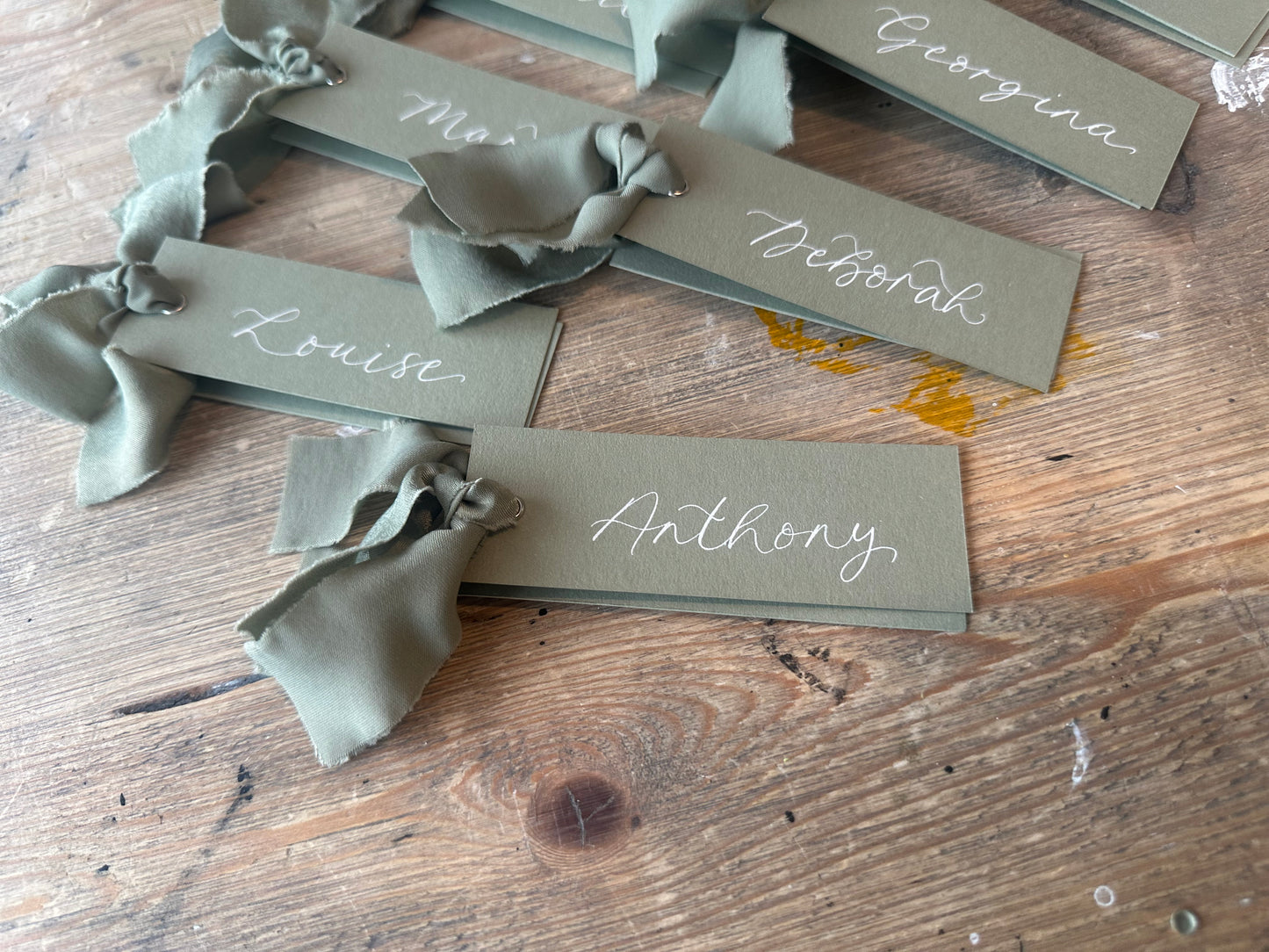 Eucalyptus Chiffon Wedding Place Cards with Ribbon | Green Calligraphy Place Cards