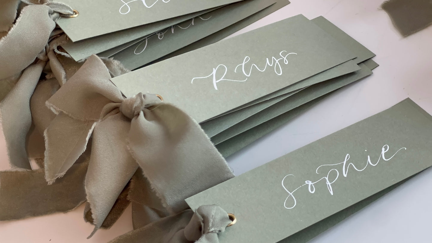 Eucalyptus Chiffon Wedding Place Cards with Ribbon | Green Calligraphy Place Cards