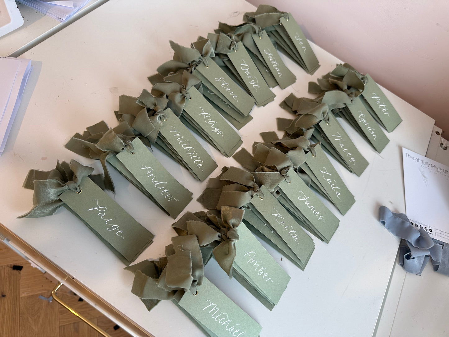 Eucalyptus Chiffon Wedding Place Cards with Ribbon | Green Calligraphy Place Cards
