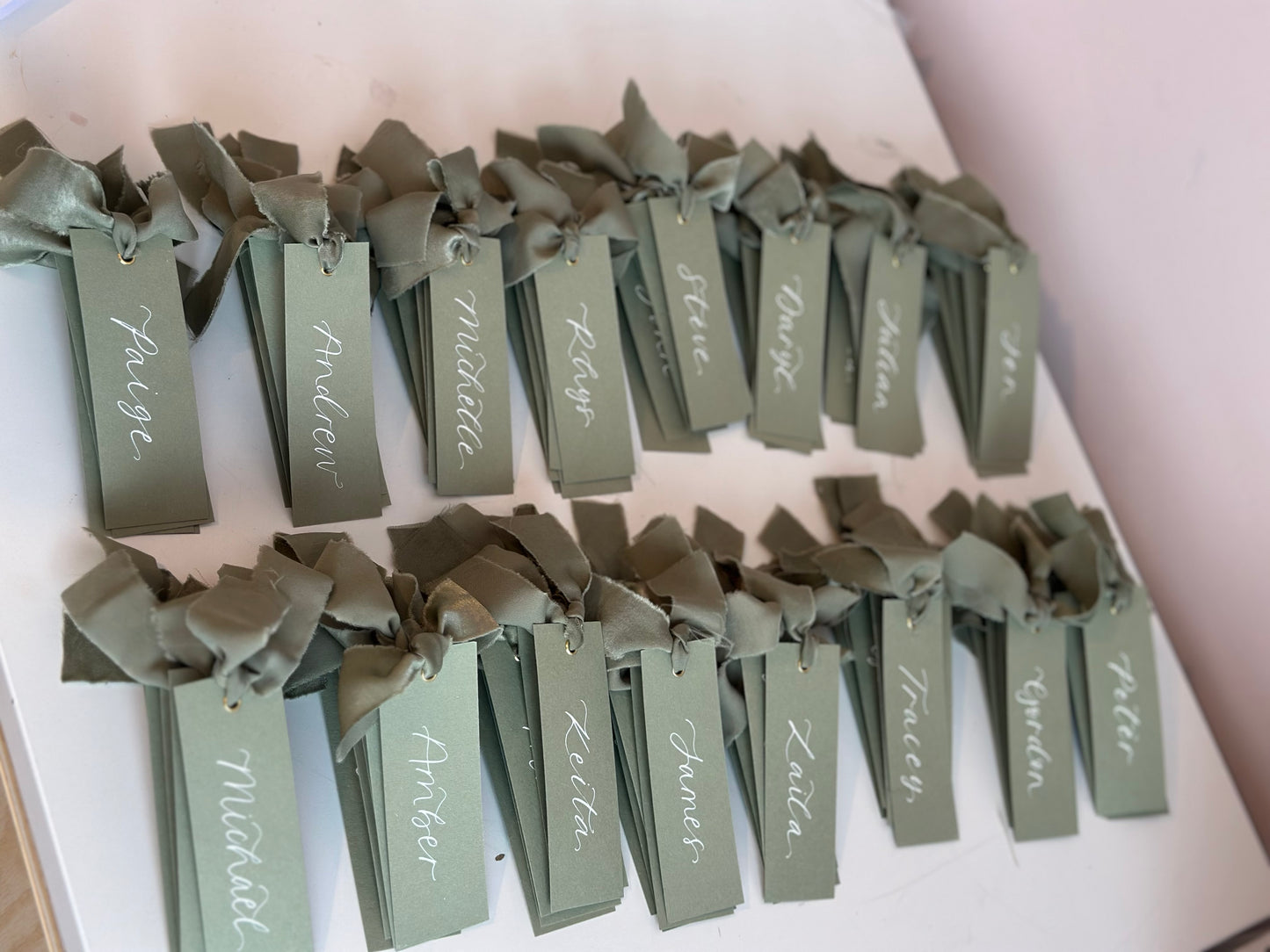 Eucalyptus Chiffon Wedding Place Cards with Ribbon | Green Calligraphy Place Cards