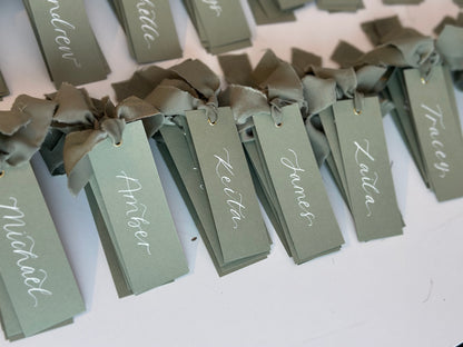 Eucalyptus Chiffon Wedding Place Cards with Ribbon | Green Calligraphy Place Cards