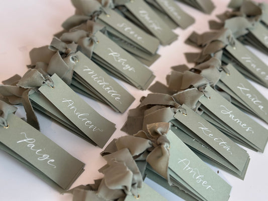 Eucalyptus Chiffon Wedding Place Cards with Ribbon | Green Calligraphy Place Cards