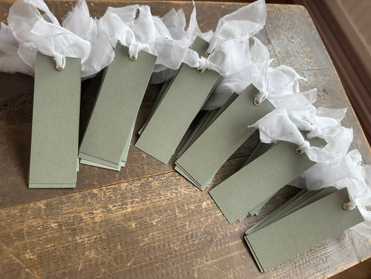 25 BLANK Eucalyptus White Organza Ribbon Place Card with Eyelet | DIY Wedding Dinner Party Place Card, Write Your Own Place Setting | Green Wedding Baby Shower