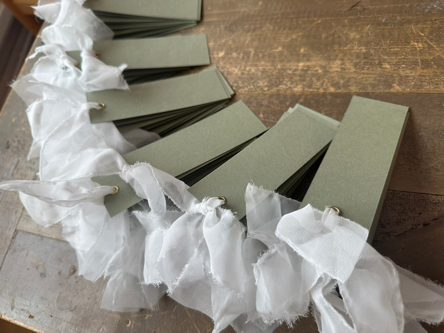 25 BLANK Eucalyptus White Organza Ribbon Place Card with Eyelet | DIY Wedding Dinner Party Place Card, Write Your Own Place Setting | Green Wedding Baby Shower