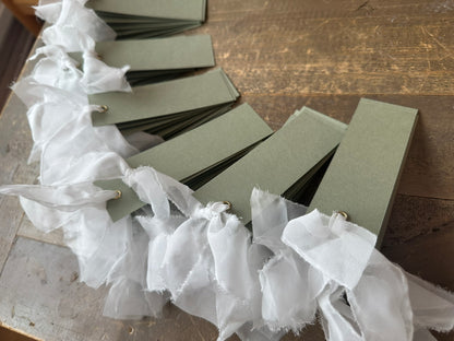 25 BLANK Eucalyptus White Organza Ribbon Place Card with Eyelet | DIY Wedding Dinner Party Place Card, Write Your Own Place Setting | Green Wedding Baby Shower
