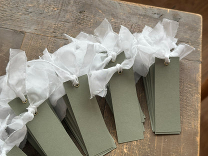 25 BLANK Eucalyptus White Organza Ribbon Place Card with Eyelet | DIY Wedding Dinner Party Place Card, Write Your Own Place Setting | Green Wedding Baby Shower