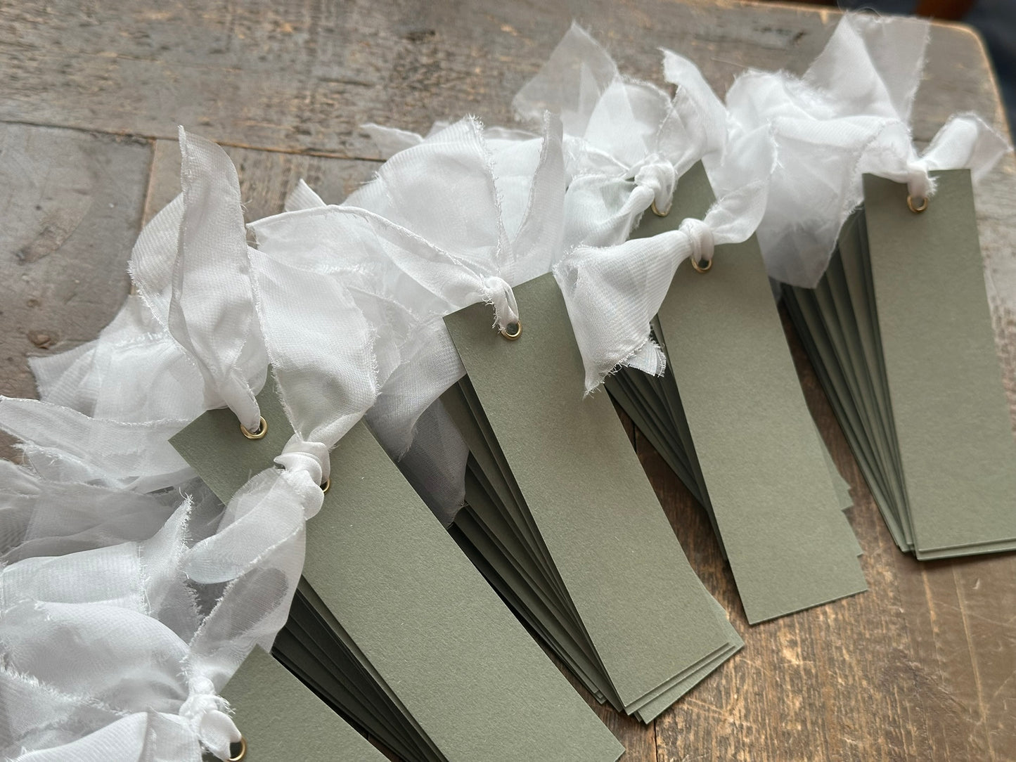 25 BLANK Eucalyptus White Organza Ribbon Place Card with Eyelet | DIY Wedding Dinner Party Place Card, Write Your Own Place Setting | Green Wedding Baby Shower