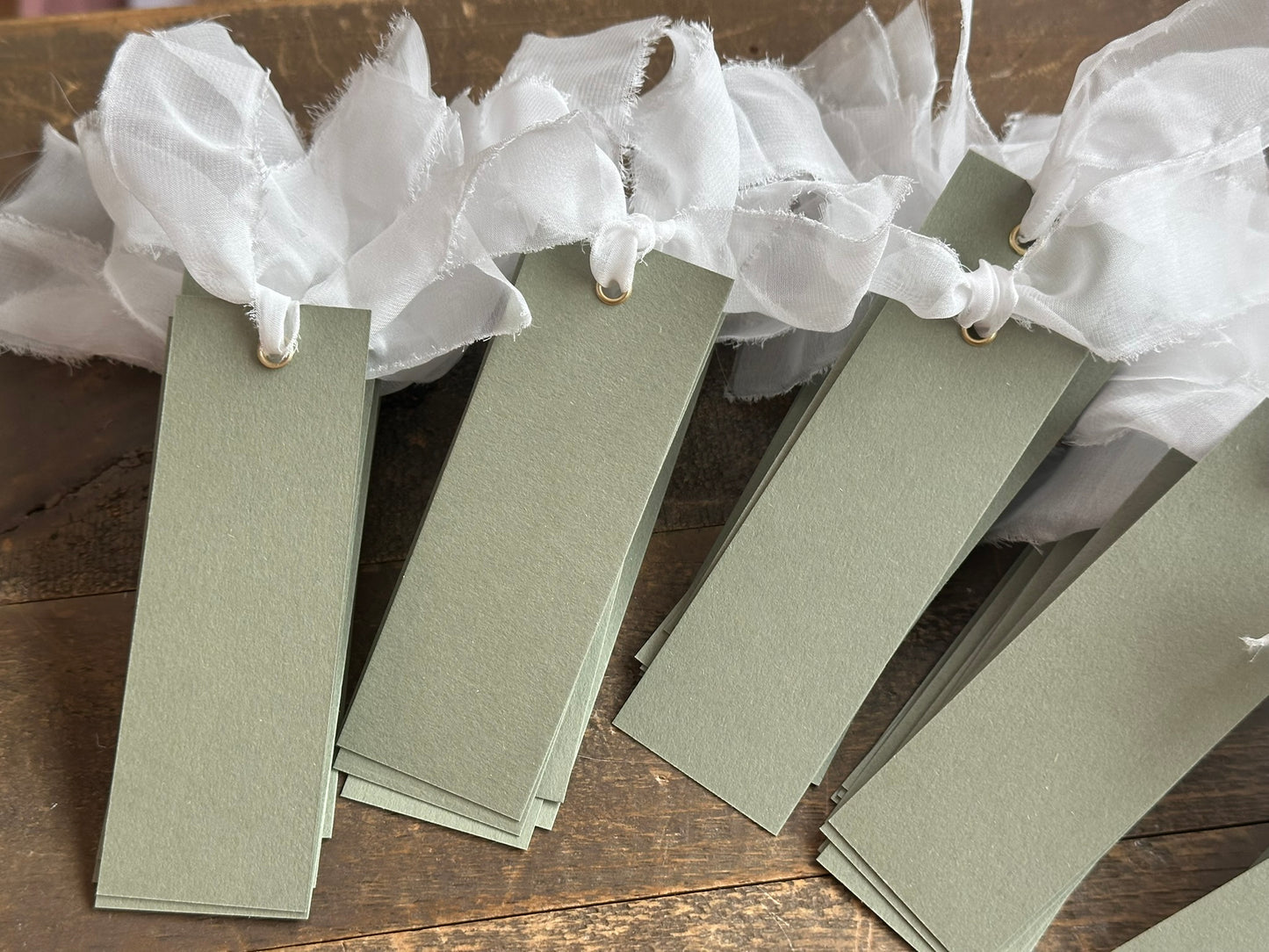 25 BLANK Eucalyptus White Organza Ribbon Place Card with Eyelet | DIY Wedding Dinner Party Place Card, Write Your Own Place Setting | Green Wedding Baby Shower
