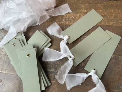 25 BLANK Eucalyptus White Organza Ribbon Place Card with Eyelet | DIY Wedding Dinner Party Place Card, Write Your Own Place Setting | Green Wedding Baby Shower