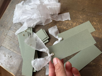 25 BLANK Eucalyptus White Organza Ribbon Place Card with Eyelet | DIY Wedding Dinner Party Place Card, Write Your Own Place Setting | Green Wedding Baby Shower