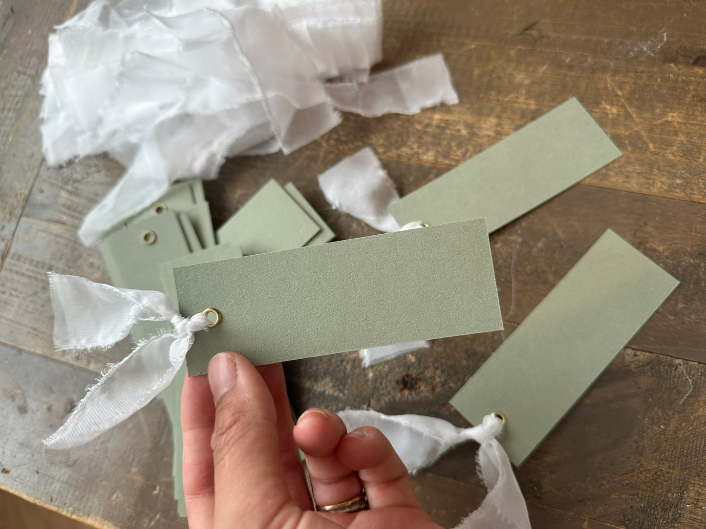 25 BLANK Eucalyptus White Organza Ribbon Place Card with Eyelet | DIY Wedding Dinner Party Place Card, Write Your Own Place Setting | Green Wedding Baby Shower