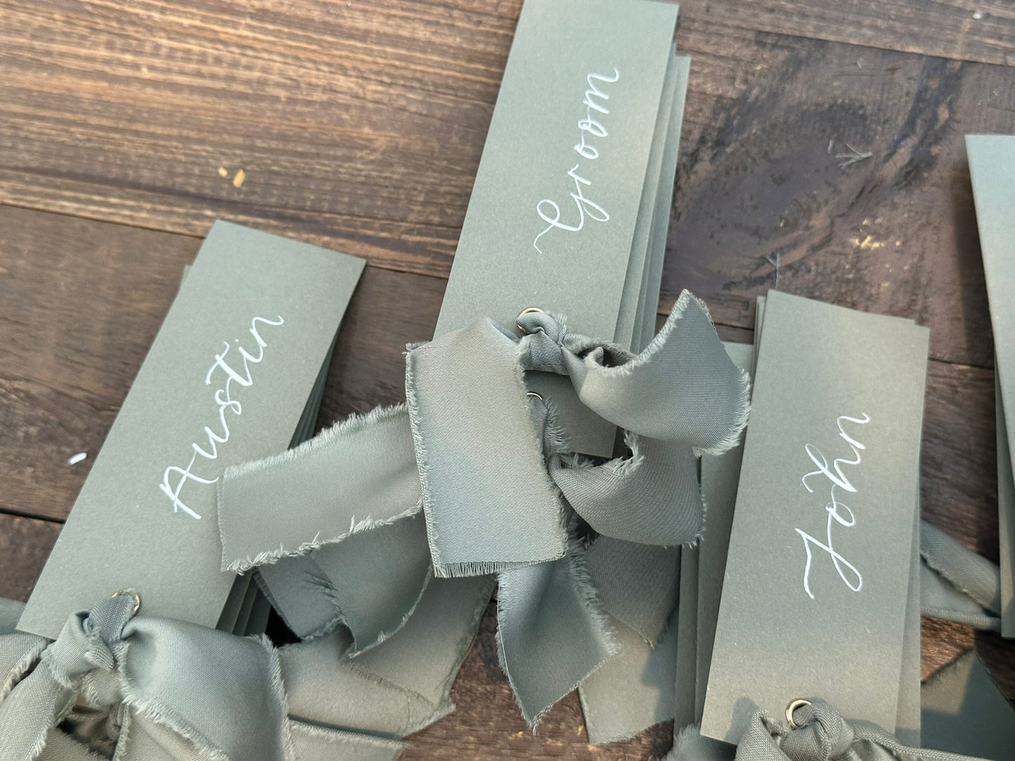 EUCALYPTUS + SAGE Satin Ribbon Calligraphy Place Name Card | Calligraphy Wedding Place Name Card | Gold or Silver Eyelet