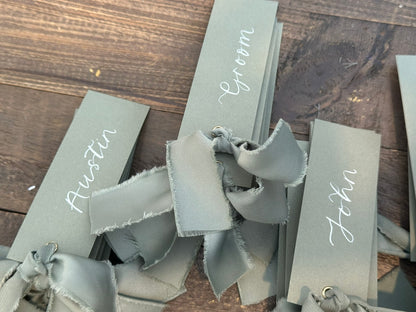 EUCALYPTUS + SAGE Satin Ribbon Calligraphy Place Name Card | Calligraphy Wedding Place Name Card | Gold or Silver Eyelet