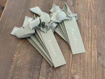 EUCALYPTUS + SAGE Satin Ribbon Calligraphy Place Name Card | Calligraphy Wedding Place Name Card | Gold or Silver Eyelet