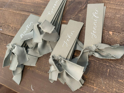 EUCALYPTUS + SAGE Satin Ribbon Calligraphy Place Name Card | Calligraphy Wedding Place Name Card | Gold or Silver Eyelet
