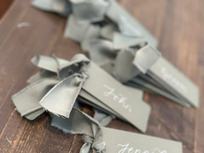 EUCALYPTUS + SAGE Satin Ribbon Calligraphy Place Name Card | Calligraphy Wedding Place Name Card | Gold or Silver Eyelet
