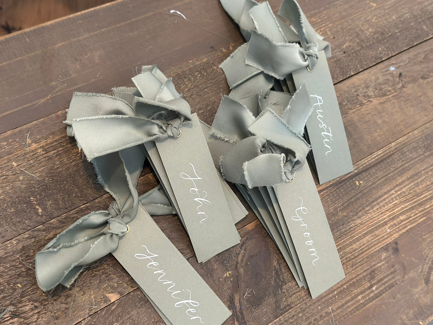 EUCALYPTUS + SAGE Satin Ribbon Calligraphy Place Name Card | Calligraphy Wedding Place Name Card | Gold or Silver Eyelet
