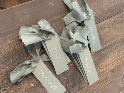 EUCALYPTUS + SAGE Satin Ribbon Calligraphy Place Name Card | Calligraphy Wedding Place Name Card | Gold or Silver Eyelet