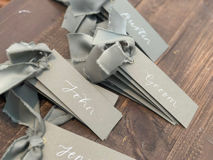 EUCALYPTUS + SAGE Satin Ribbon Calligraphy Place Name Card | Calligraphy Wedding Place Name Card | Gold or Silver Eyelet