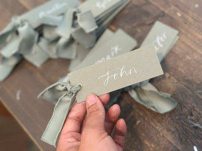 EUCALYPTUS + SAGE Satin Ribbon Calligraphy Place Name Card | Calligraphy Wedding Place Name Card | Gold or Silver Eyelet