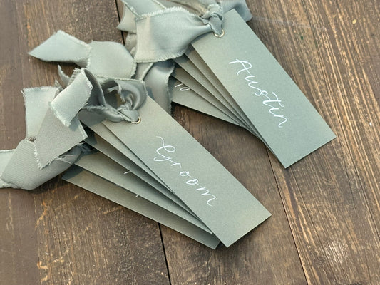 EUCALYPTUS + SAGE Satin Ribbon Calligraphy Place Name Card | Calligraphy Wedding Place Name Card | Gold or Silver Eyelet