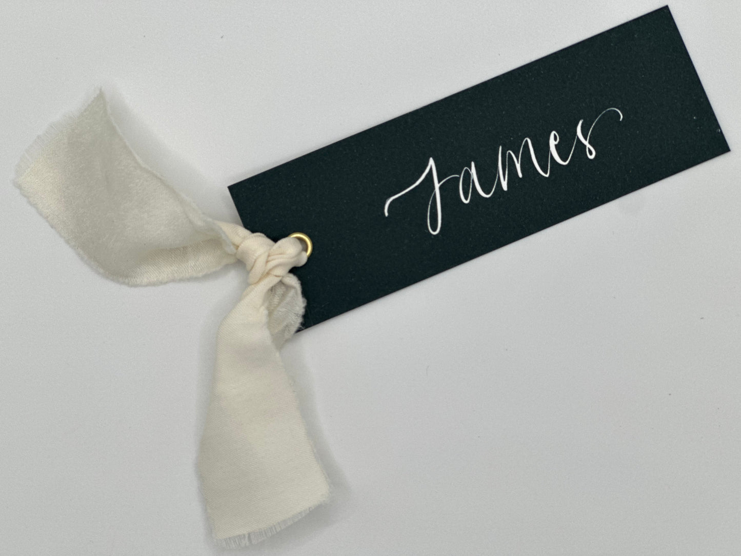 FOREST + CHAMPAGNE Chiffon Ribbon Calligraphy Place Name Card | Calligraphy Wedding Place Name Card | Gold or Silver Eyelet