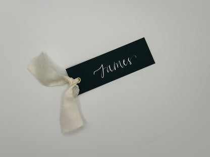 FOREST + CHAMPAGNE Chiffon Ribbon Calligraphy Place Name Card | Calligraphy Wedding Place Name Card | Gold or Silver Eyelet