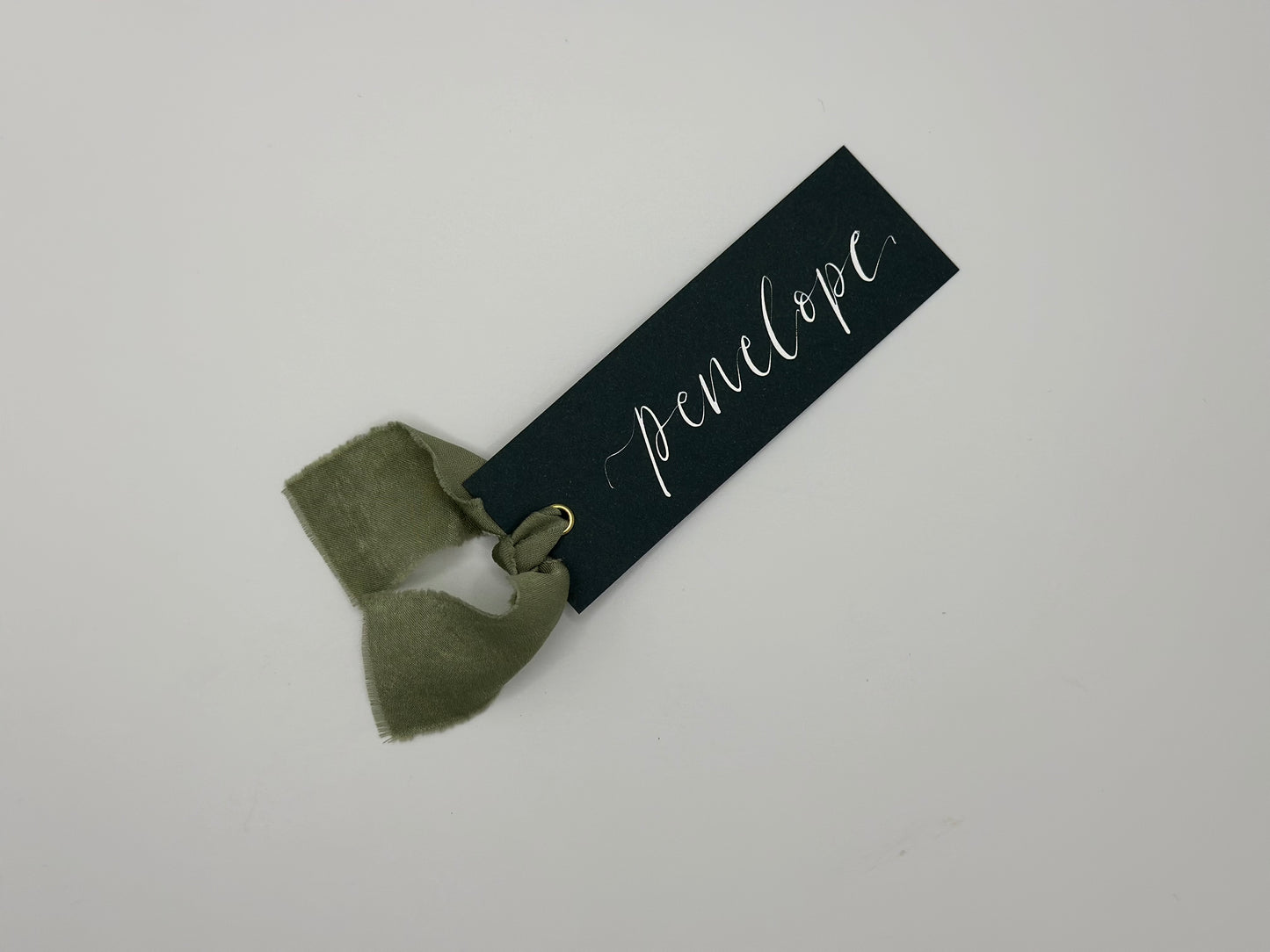 FOREST + EUCALYPTUS Chiffon Ribbon Calligraphy Place Name Card | Calligraphy Wedding Place Name Card | Gold or Silver Eyelet