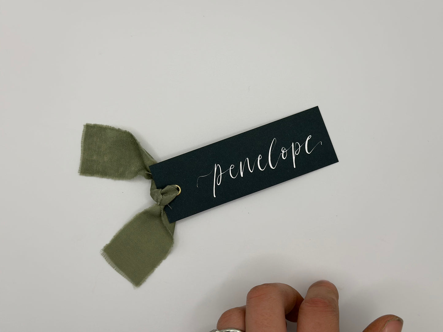 FOREST + EUCALYPTUS Chiffon Ribbon Calligraphy Place Name Card | Calligraphy Wedding Place Name Card | Gold or Silver Eyelet