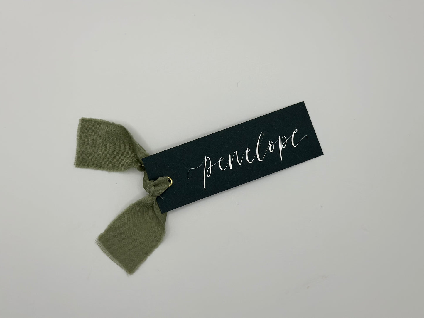 FOREST + EUCALYPTUS Chiffon Ribbon Calligraphy Place Name Card | Calligraphy Wedding Place Name Card | Gold or Silver Eyelet