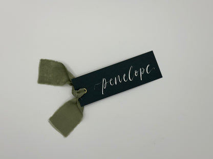 FOREST + EUCALYPTUS Chiffon Ribbon Calligraphy Place Name Card | Calligraphy Wedding Place Name Card | Gold or Silver Eyelet