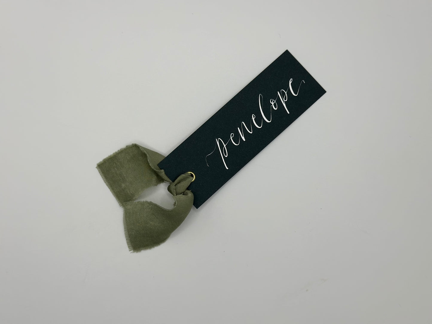 FOREST + EUCALYPTUS Chiffon Ribbon Calligraphy Place Name Card | Calligraphy Wedding Place Name Card | Gold or Silver Eyelet