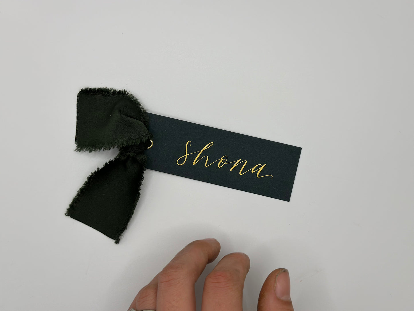 FOREST Satin Ribbon Calligraphy Place Name Card | Calligraphy Wedding Place Name Card | Gold or Silver Eyelet