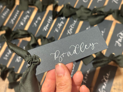 Forest Satin Wedding Place Cards with Ribbon | Dark Green Calligraphy Place Cards