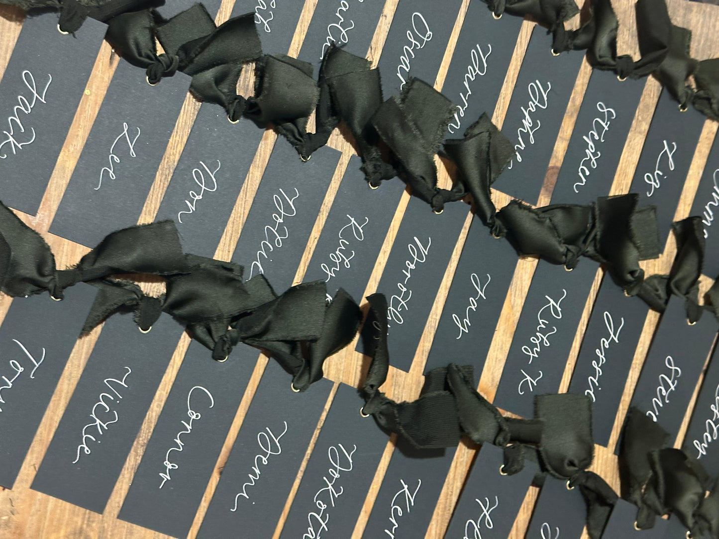 Forest Satin Wedding Place Cards with Ribbon | Dark Green Calligraphy Place Cards