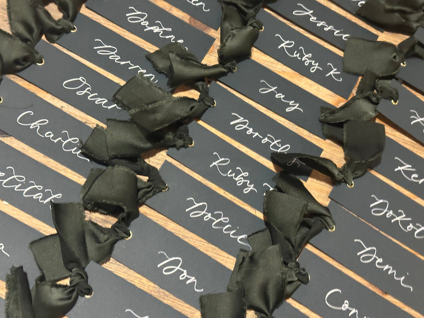 Forest Satin Wedding Place Cards with Ribbon | Dark Green Calligraphy Place Cards