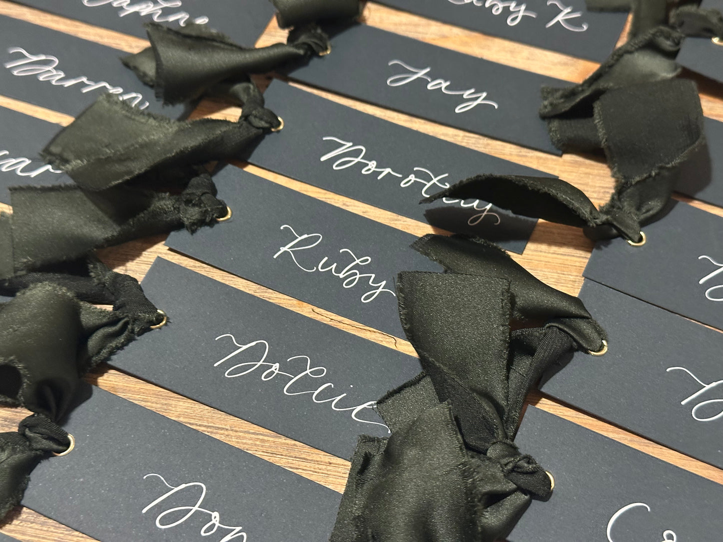Forest Satin Wedding Place Cards with Ribbon | Dark Green Calligraphy Place Cards