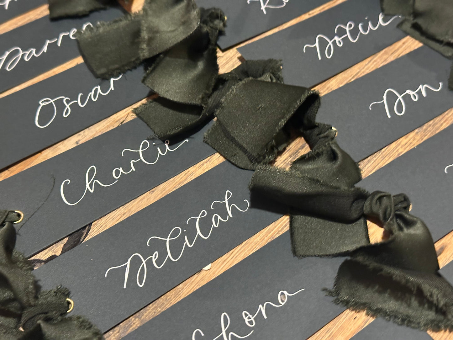 Forest Satin Wedding Place Cards with Ribbon | Dark Green Calligraphy Place Cards