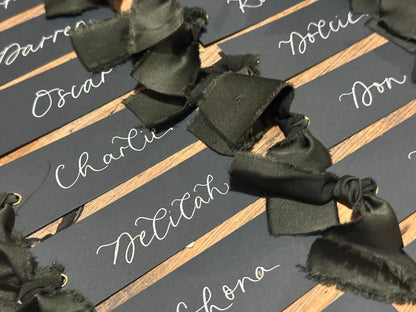 Forest Satin Wedding Place Cards with Ribbon | Dark Green Calligraphy Place Cards
