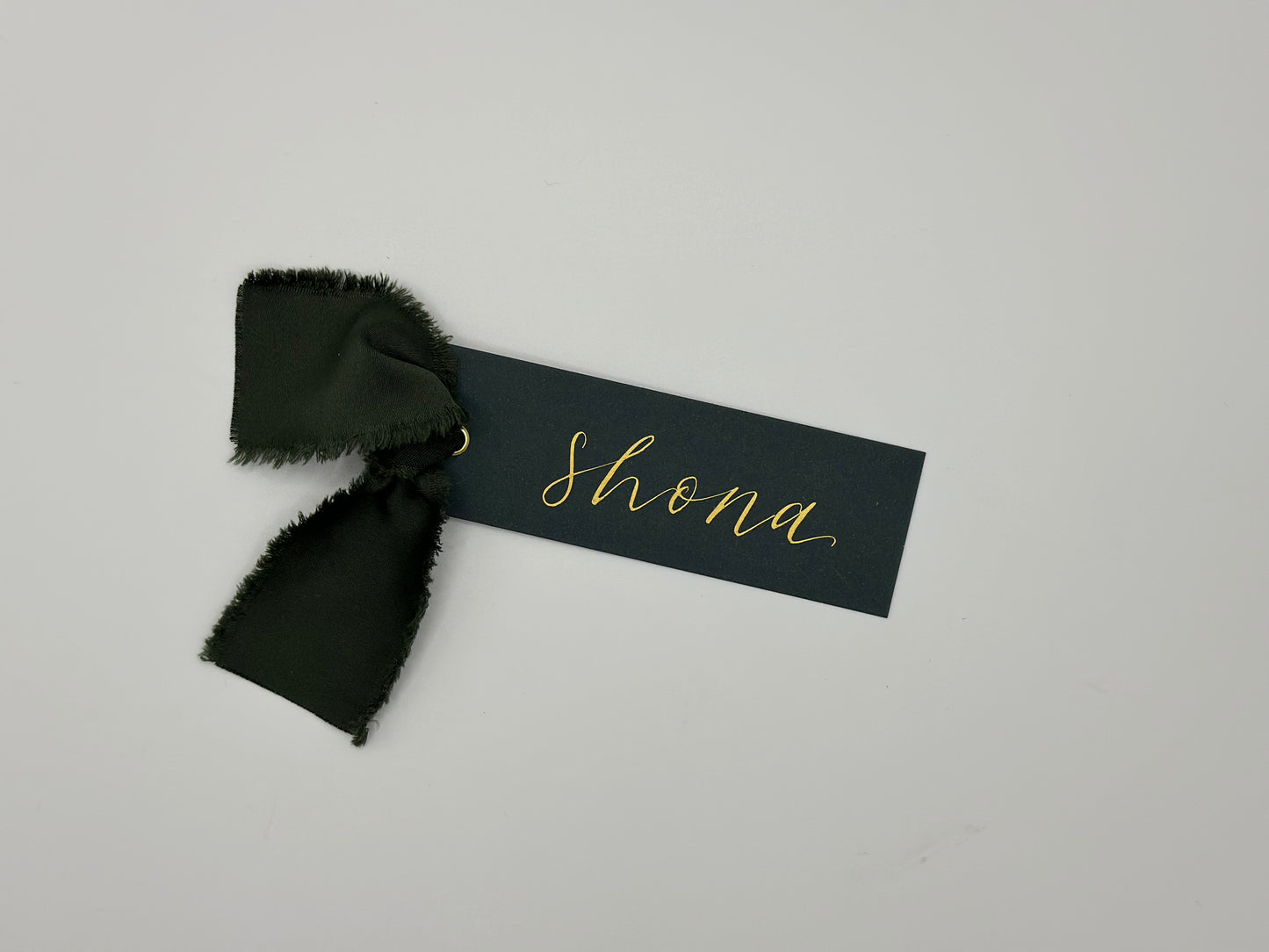 FOREST Satin Ribbon Calligraphy Place Name Card | Calligraphy Wedding Place Name Card | Gold or Silver Eyelet