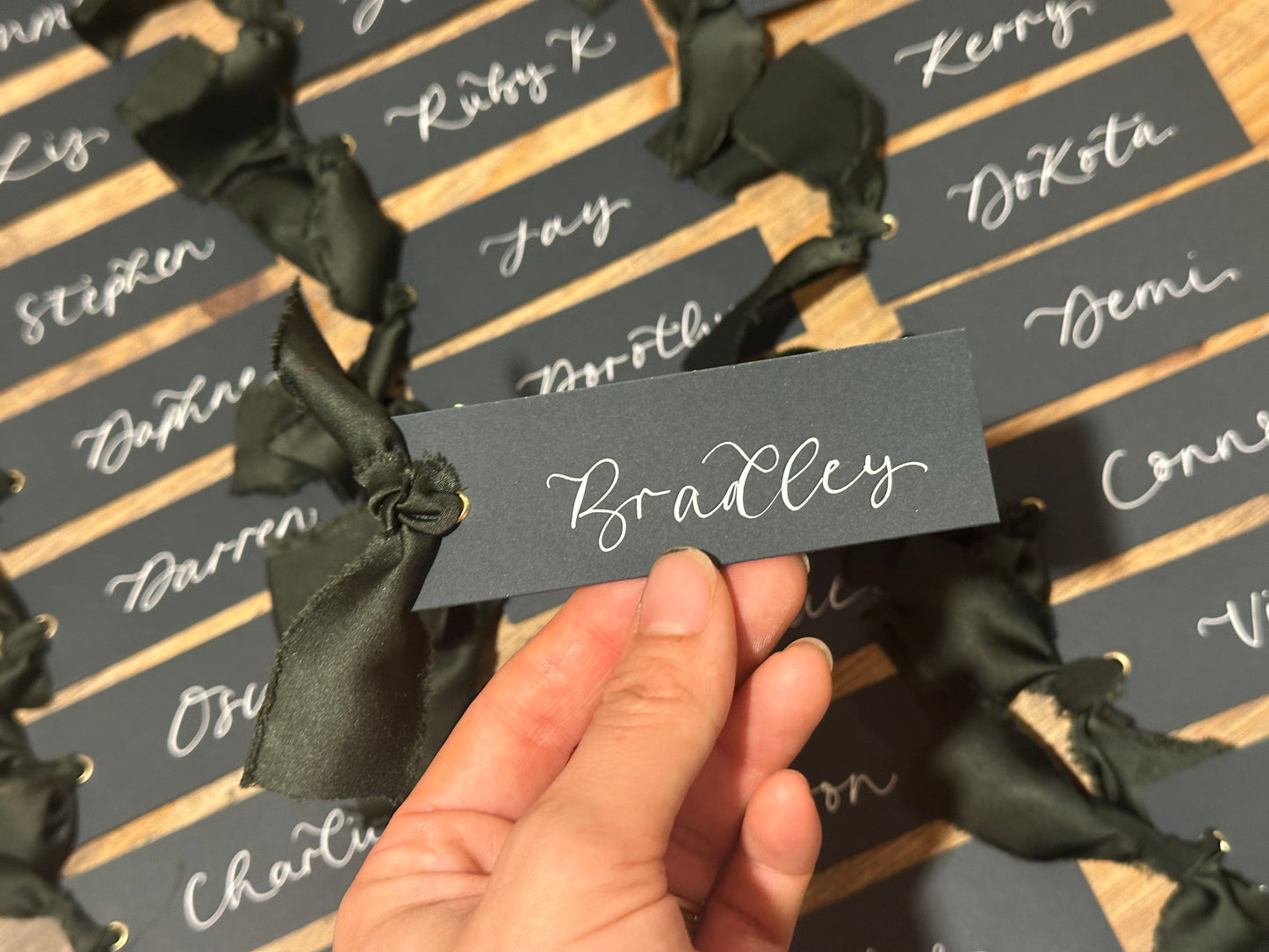 Forest Satin Wedding Place Cards with Ribbon | Dark Green Calligraphy Place Cards