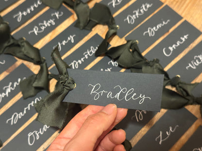 Forest Satin Wedding Place Cards with Ribbon | Dark Green Calligraphy Place Cards